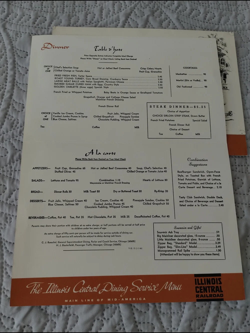 Two Vintage Illinois Central Dining Service Menu - Orange & White Railroad